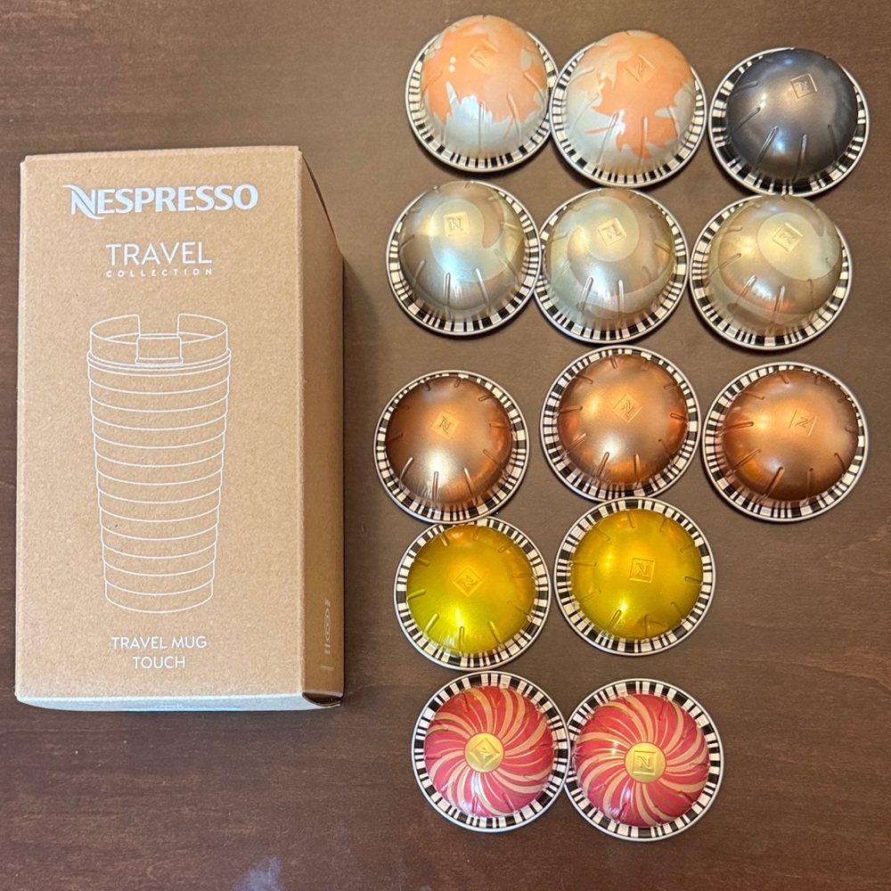 NEW Nespresso Travel Mug Touch  with 17 VERTUO Pods 13 pods PLUS 3 Surprise pods